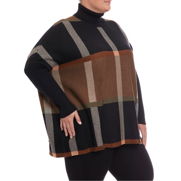 Joseph A. Women's Black Plaid Turtleneck Poncho Sweater, 3X - Picture 2 of 3